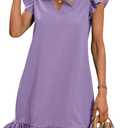 SOLY HUX Summer Dresses for Women V Neck Cap Sleeve Ruffle Hem Smock Short Dress (Plain Purple) XL