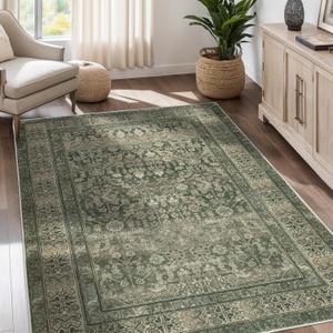 Vintage Washable Area Rug for Living Room,Low Pile 6x9 Non Slip Carpet Non-Shedding Area Rug Soft Indoor Stain Resistant Rug Floral Print Mat for Bedroom Dining Room Green