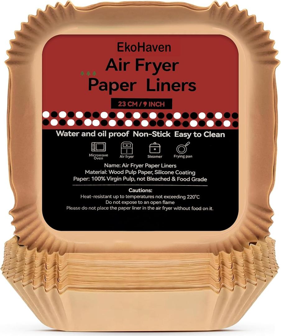 EkoHaven's new Signature Air Fryer Paper Liners, 127Pcs Air Fryer Disposable Liners - Non-Stick and Oil Proof for Easy Cleanup, 9” Square for 5-9qt Baskets Pack of 2