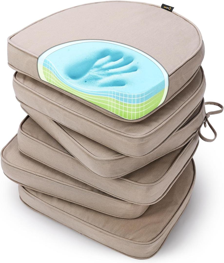 SUNROX Gel Memory Foam Chair Cushions, Fade Shield Water-, Stain-Resistant Durable Reversible Seat Cushion Pads with Ties for Indoor/Outdoor Kitchen Dining Office 17"x16" Set of 6, Husk Birch