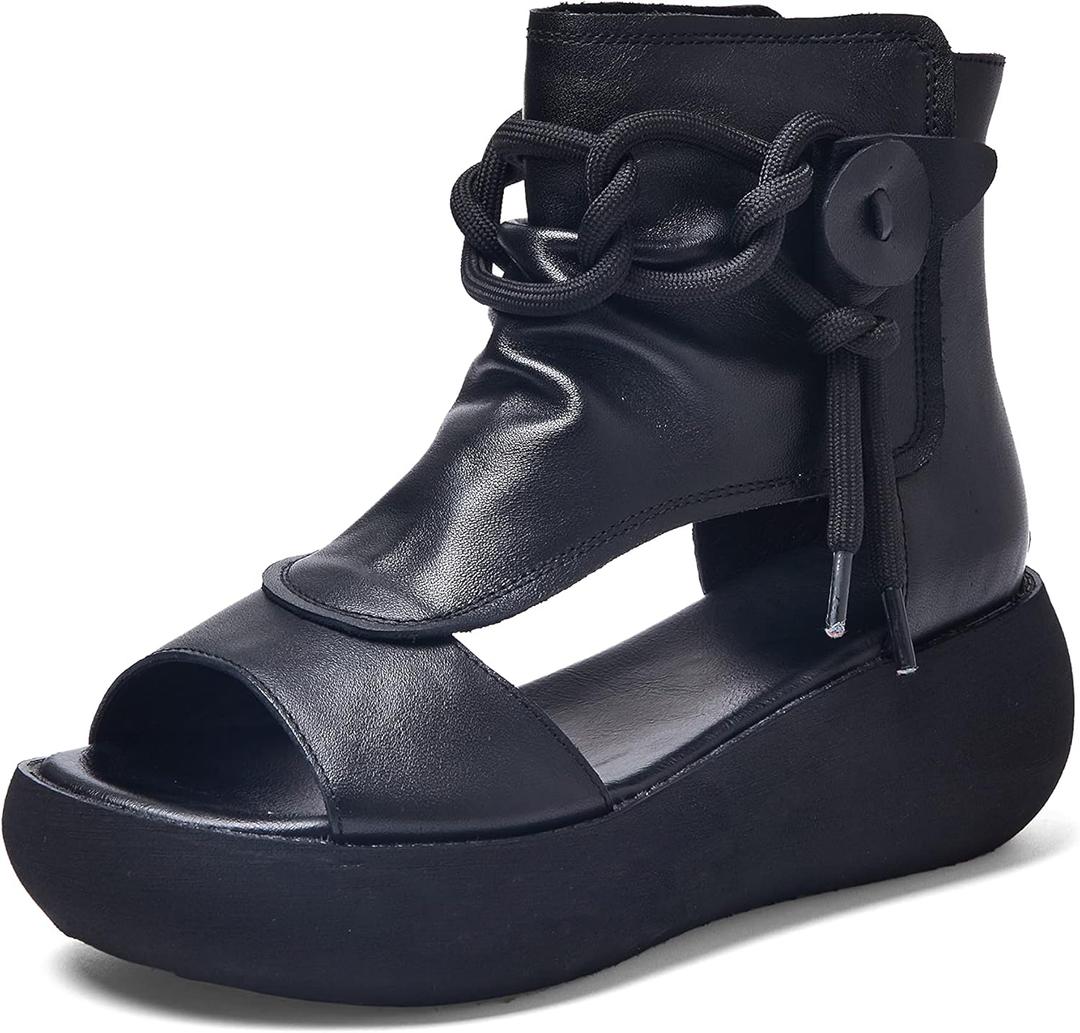 Women's High Top Leather Sandals Open Toe Boot Sandals for Women (Size 8, Black)