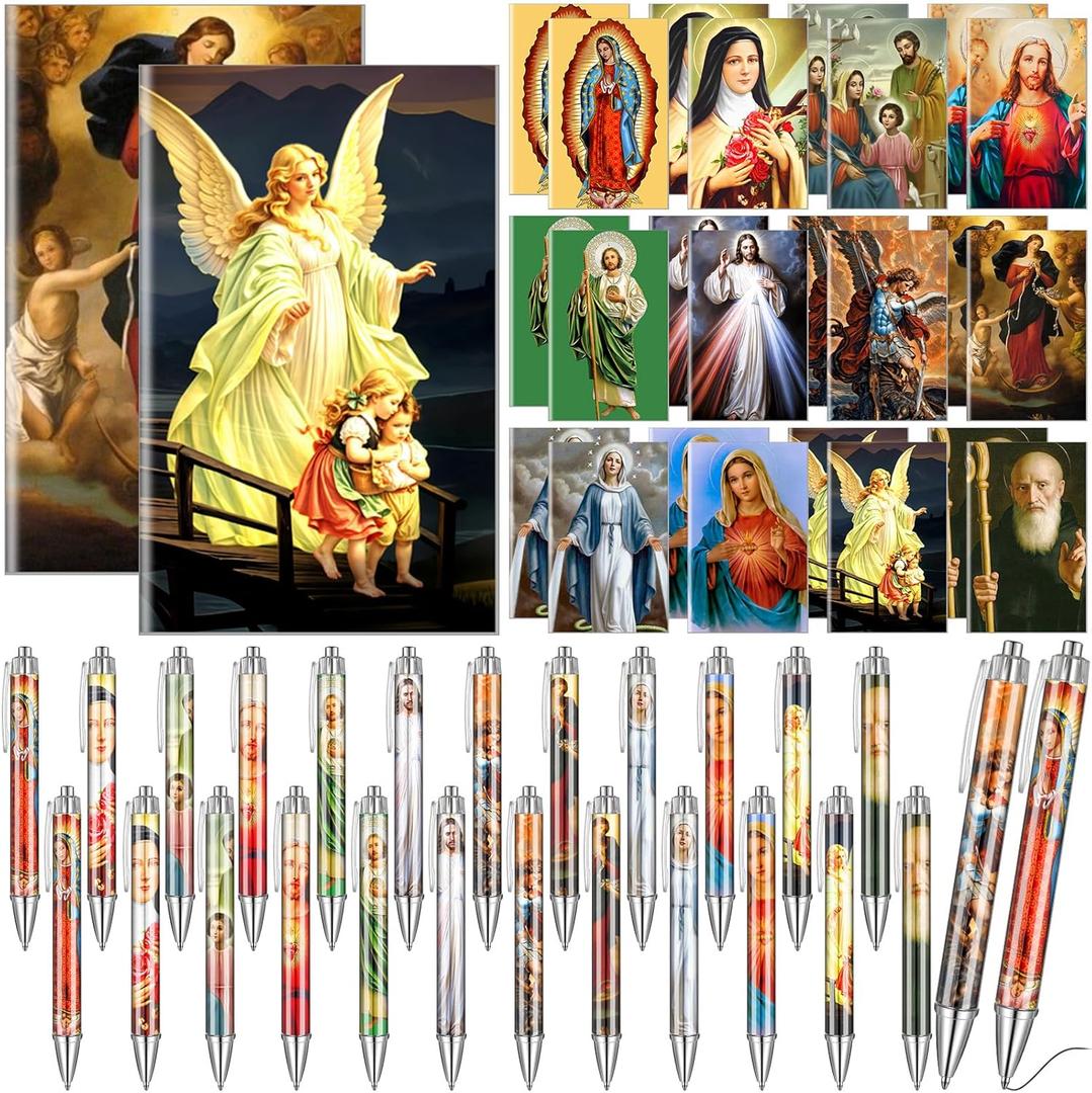 Supervitae 48 Pcs Christmas Catholic Gifts Bulk Catholic Saints Ballpoint Pens Devotional Prayer Notebooks Bible Verse Christmas Christian Gifts Baptism Church School Office Bible Study Supplies