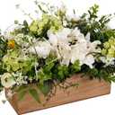 Spring Summer Centerpiece for Table, 18" L Lifelike Artificial Flowers in Rustic Whitewashed Rectangular Wood Box, Lush Spring Faux Floral Arrangement Farmhouse Mantel Shelf Kitchen Island Decor