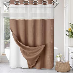 No Hook Shower Curtain and Liner Set,Mocha Brown Hotel Waffle Shower Curtain with Liner 75" L x 72" W