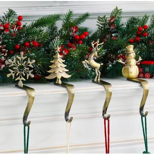 Christmas Stocking Holder - Set of 4 Stocking Hangers Snowman Santa Snowflakes Christmas Tree Deer Stocking Hooks for Fireplace, Shelf, Staircases (Style 1-Bronze)