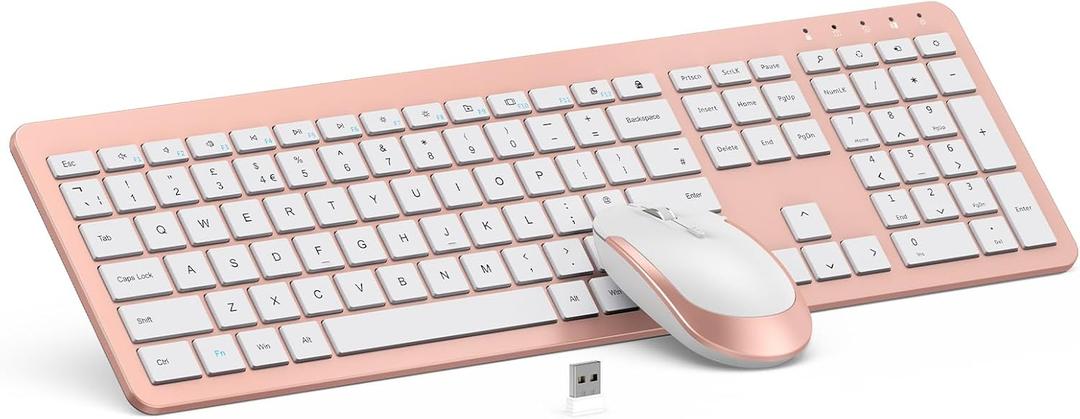 Wireless Keyboard and Mouse Combo - Full Size Slim Thin Wireless Keyboard Mouse with Numeric Keypad 2.4G Stable Connection Adjustable DPI - Rose Gold & White