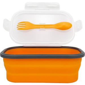 Silicone Lunch Container Bento Box, Collapsible Food Storage Containers with Airtight Lids and 2in1 Fork, Reusable Food Containers for Travel,Camping and RV, Food Grade 1000ml Microwave Container