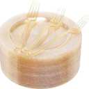 I00000 72 Pieces Plastic Dessert Plates 7.5" & 72 Pieces Gold Disposable Forks 7.4" with Gold Glitter, Gold Disposable Plates, Plastic Salad Plates for Birthday, Wedding & Party