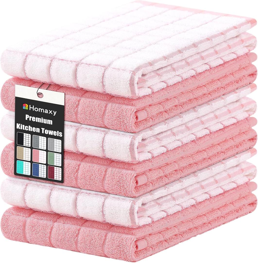 Homaxy Premium Cotton Kitchen Towels 16"x 28", Large Natural Ring Spun 390 GSM Dish Towels, Super Absorbent Terry Kitchen Hand Towels, Soft Tea Towels with Hanging Loop, Pink Check Design, 6 Pack