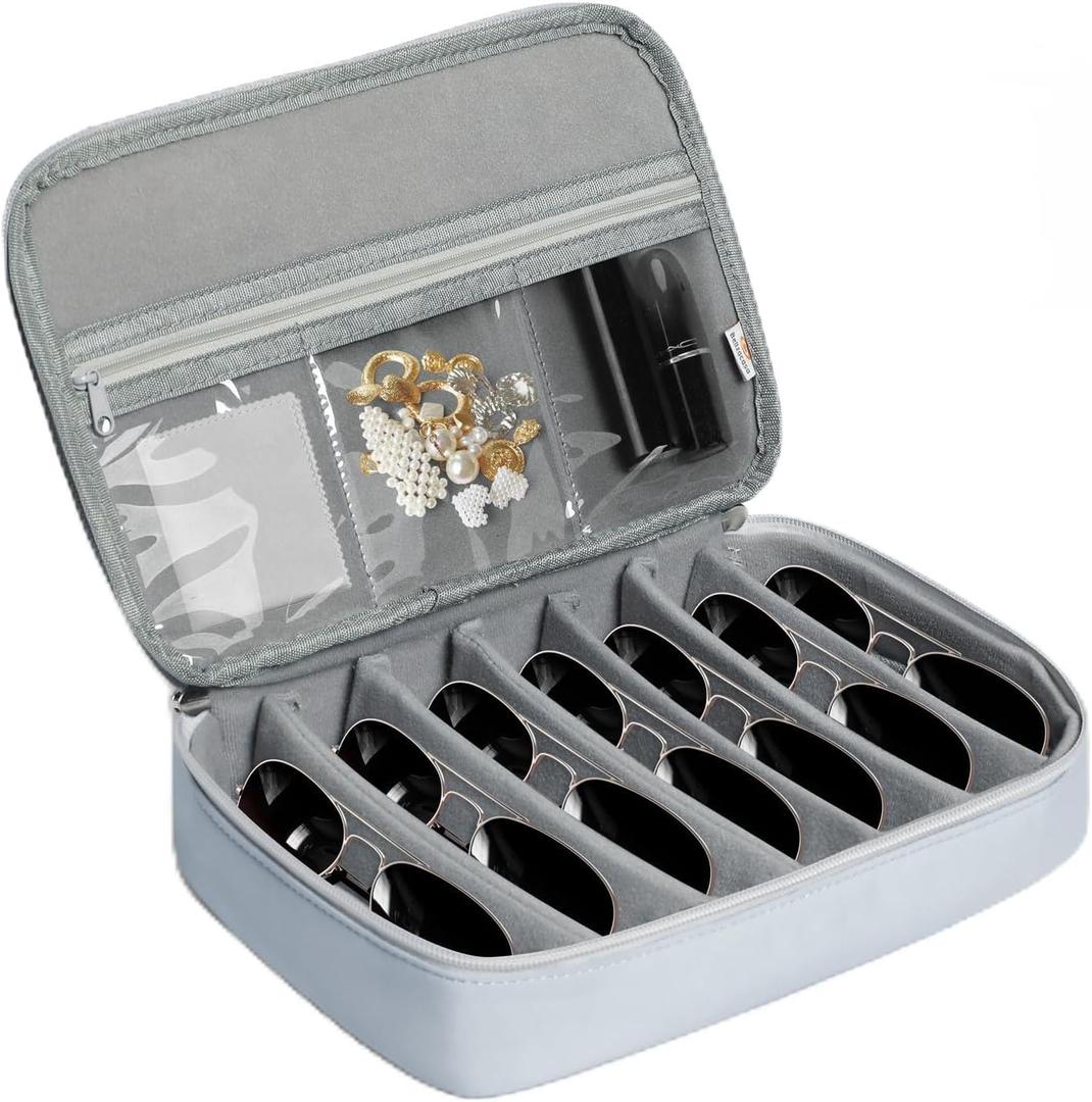 Bellzacasa Travel Sunglasses Organizer Case, Eyeglasses Storage Holder Box with Multiple Pairs Adjustable Slots for Women Men (Grey)