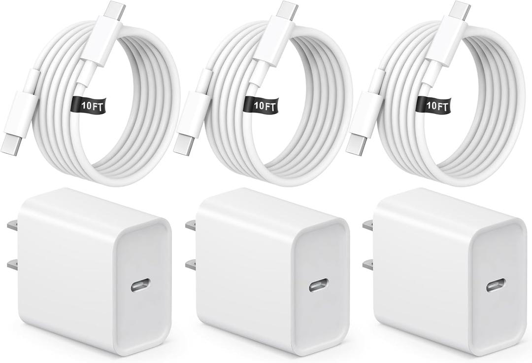 iPhone 17 16 15 Fast Charging 10FT Long USB C Charger Type C Charger 3 Pack Fast Charger USB C for iPhone 17/17 Plus/17 Pro/17 Pro Max/16/16 Plus/16 Pro Max/15/15 Pro Max,Samsung (White)