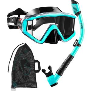 Aegend Snorkeling Gear for Adults, Dry Snorkel Set Panoramic View Enhanced Anti-Leak and Anti-Fog Technology, Adjustable Strap for Snorkeling Scuba Diving Swimming with Mesh Bag (Green)