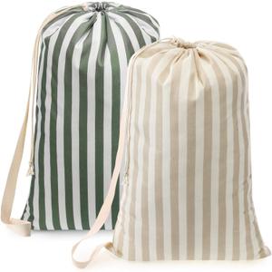 SATINIOR 2 Pcs Stripe College Laundry Bag Green Beige Canvas Travel Laundry Bags with Drawstring Shoulder Straps 29" x 18" Washable Dirty Clothes Hamper Organizer for Dorm Laundromat Apartment Camping