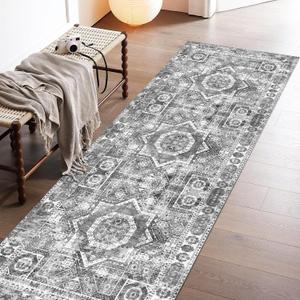 Machine Washable Rug 2'6'' x 8' Vintage Design Area Rugs with Non Slip Rugs for Living Room Bedroom Carpet Stain Resistant, Home Decor Office Boho Rug, Grey