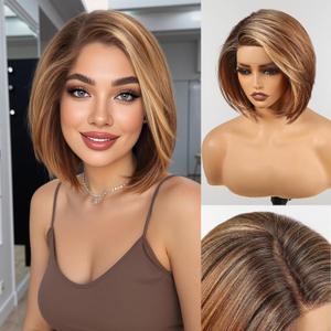 HAIRCUBE Chestnut Brown Synthetic Lace Front Wig, 10 Inch Layered Glueless Bob Wig, Natural Density Hairline Wigs for Women Daily Use