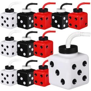 Yaomiao 12 Pieces Casino Theme Cups with Straws and Lids,10 oz Plastic Dice Shape Casino Night Party Decoration Cups Bulk for Game Night Kids Theme Favors(Dice)