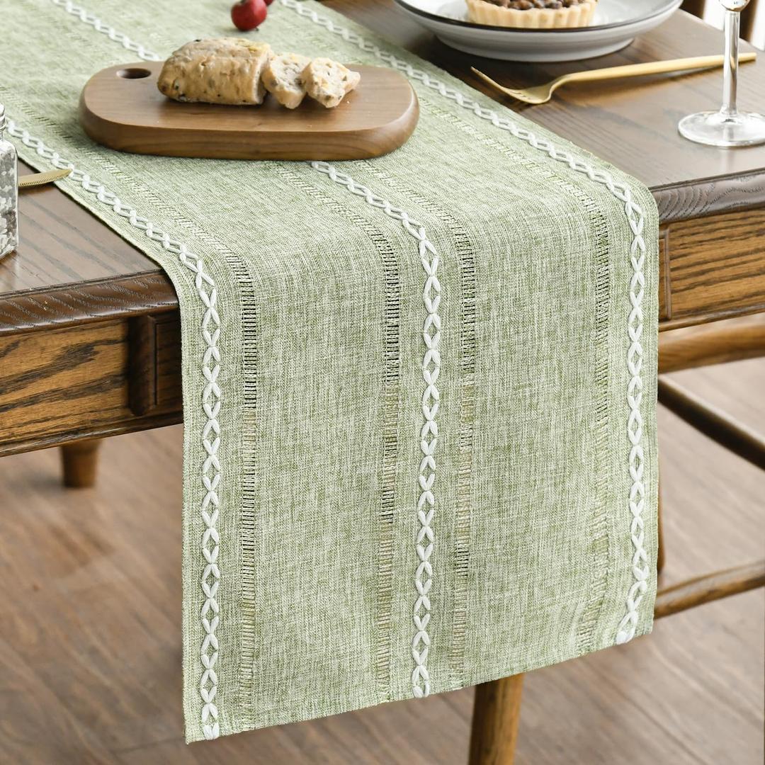 Artoid Mode Sage Green Rustic Cotton Linen Table Runner, Seasonal Embroidered Hollow Kitchen Dining Table Decoration for Home Party Decor 13x36 Inch
