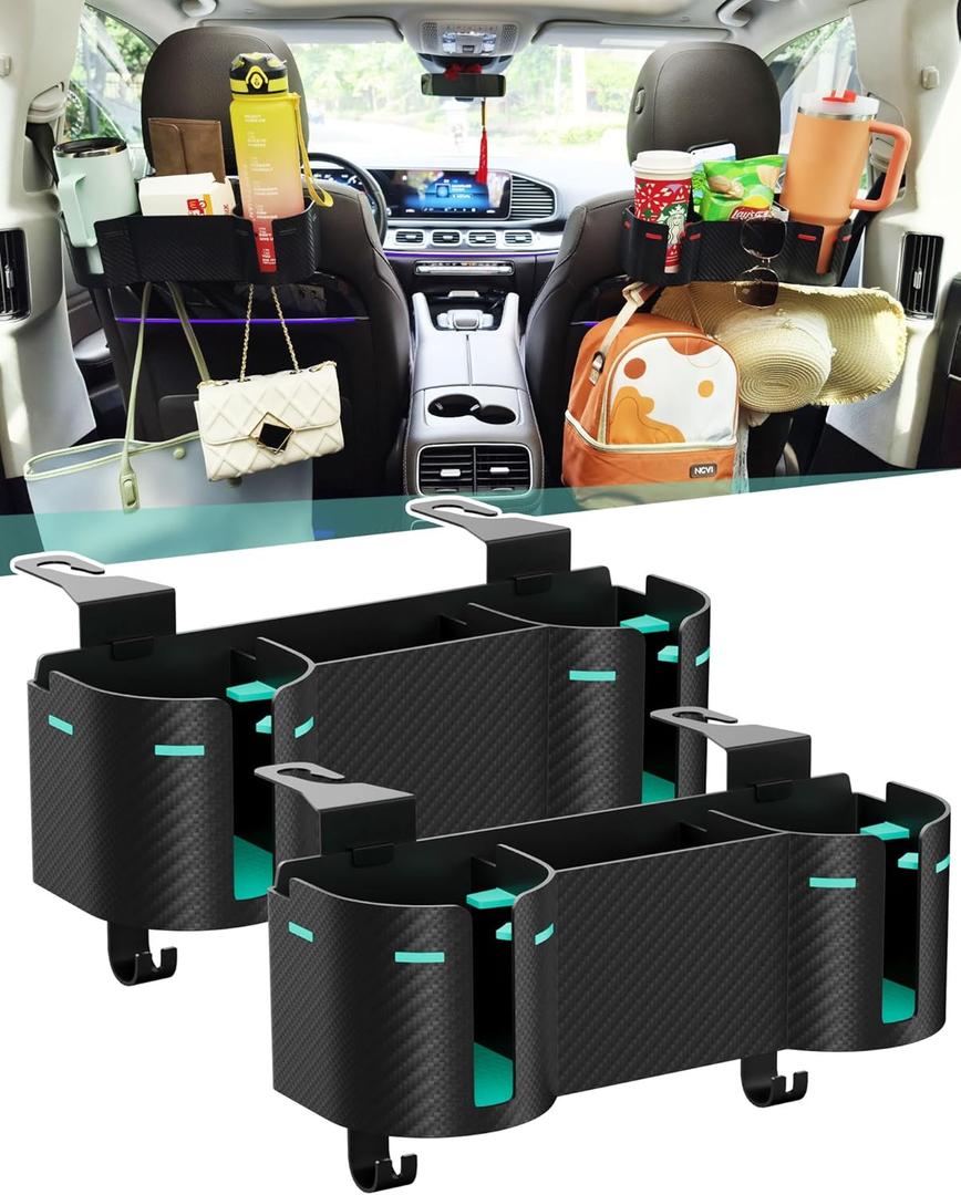 Car Headrest Backseat Cup Holder 3.7" with Organizer, High Capacity 4 in 1 Seat Back Organizer with Headrest Hooks, Multifunctional Storage for Car Travel Accessories Compatible with Most Vehicles (2 PACK, BLACK+MINT GREEN)