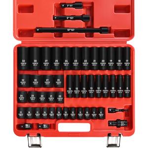 EGOFIX 1/ 2" Drive Impact Socket Set 49 Piece, Standard and Deep Metric Socket (9-25mm, 27, 30, 32mm), Includes Extension Bars, Universal Joint and Adapter, 6 Point Design, Cr-V steel