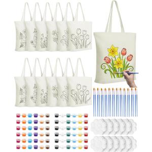 Cosblank 12 Pack DIY Floral Canvas Tote Bags Set with Paints Brushes Color Your Own Flower Craft Kit Reusable Handbags for Art Activities Parties Painting Gifts