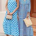 Dokotoo Women Boho Maxi Dresses 2026 V Neck Long Puff Sleeve Smocked Ruffle Flowy Casual Dress (Blue, S)