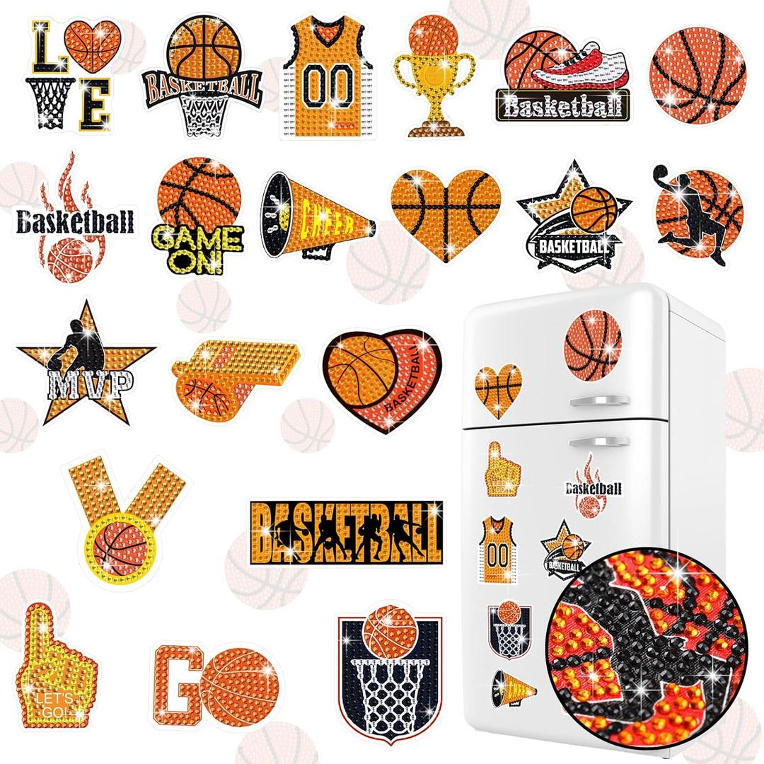 20 Pcs Basketball Diamond Painting Magnet Refrigerator Basketball Decoration DIY Diamond Art Painting Kits for Basket Ball Party Supplies Basket Ball Themed Party Exchange Gifts