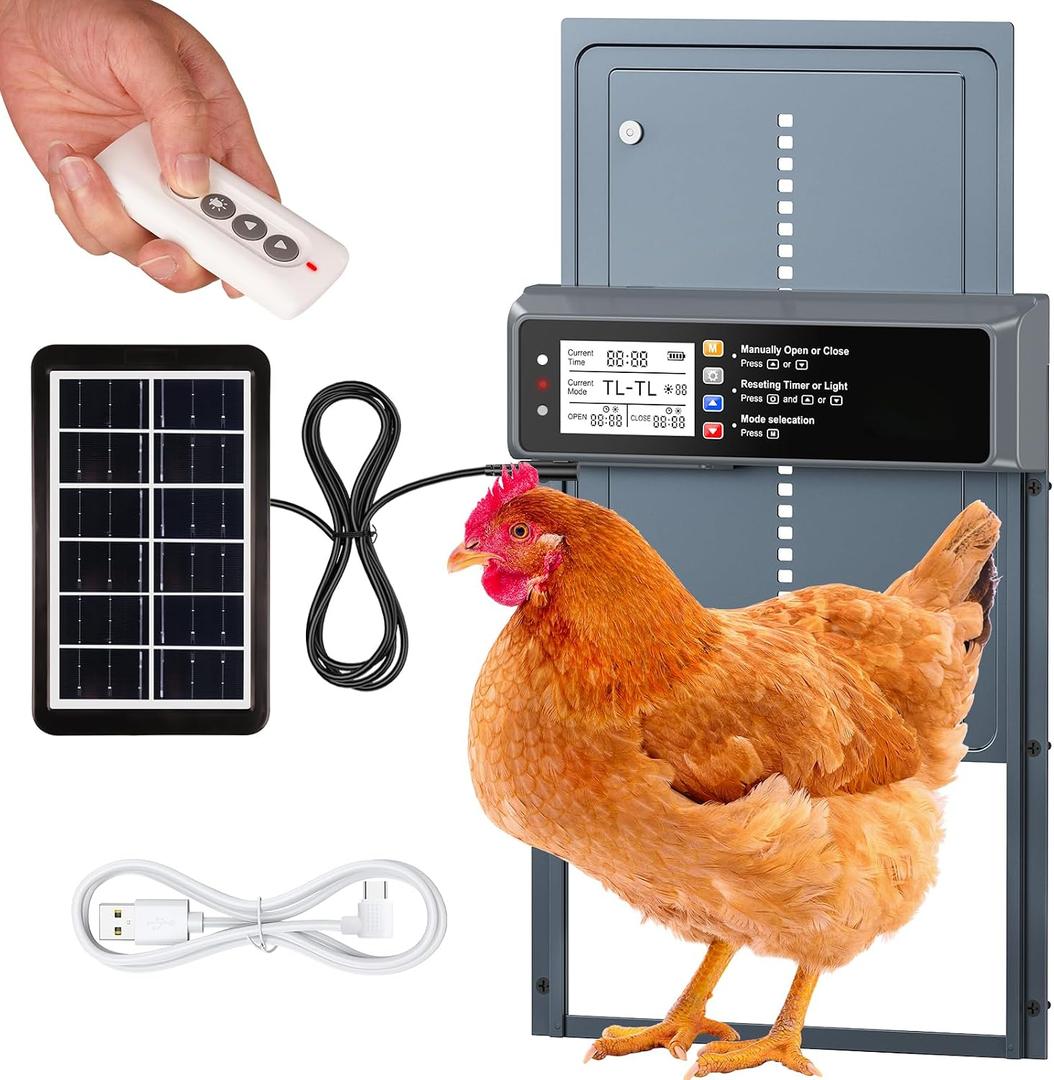 Automatic Chicken Coop Door Solar Powered, LCD Display Automatic Chicken Door with Timer & Light Sensor Mix 4Modes, Aluminum Alloy Chicken Door, Range 20M Remote Control Solar Chicken Coop Door