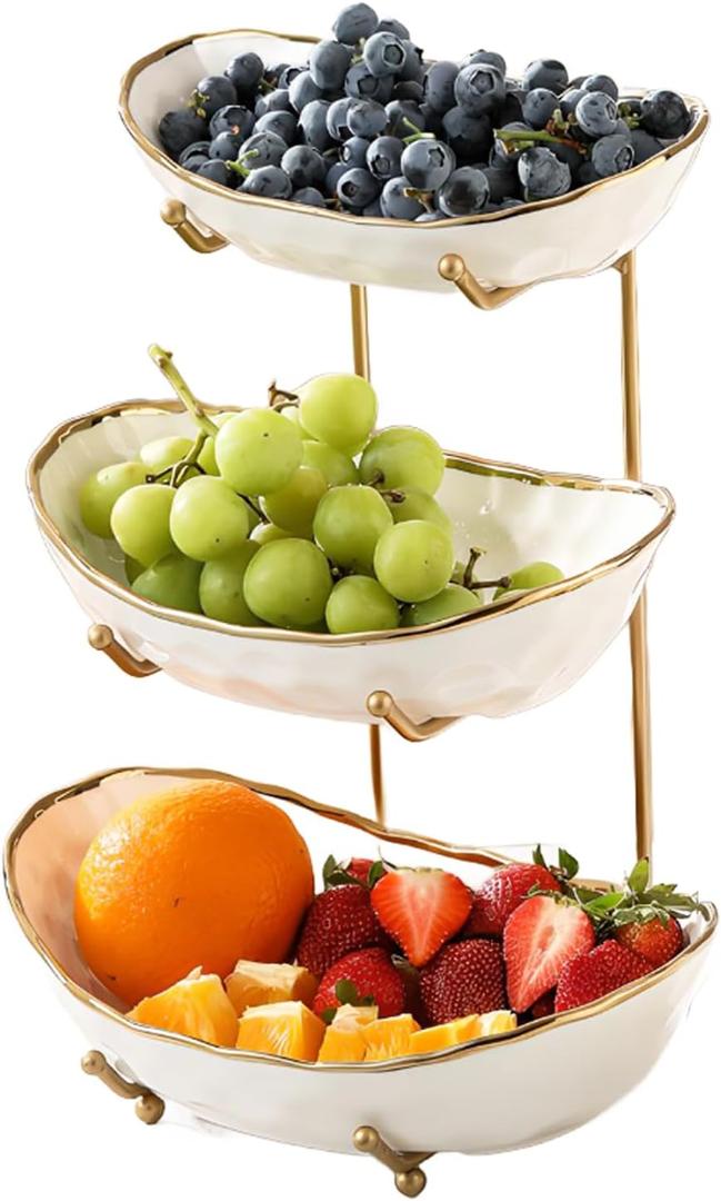 YYW 3 Tier Fruit Bowl for Kitchen Counter, White Ceramic Fruit Basket for Countertop, Home Fruit Stand with Metal Holder, Vegetable Bowl Snacks Nuts Bread Candy Storage (Gold 3-layer)