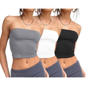 Trendy Queen Womens 3 Pack Summer Tube Tops Crop Going Out Strapless Basic Backless Bandeau Bustier Beach Outfits 2025 (White, Black, Grey), Size: S Trendy Queen Womens 3 Pack Summer Tube Tops Crop Going Out Strapless Basic Backless Bandeau Bustier Beach Outfits 2025 (White, Black, Grey), Size: S