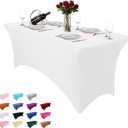 Heochy 1 Pc 6FT Table Cloth for Rectangle Tables - White Tablecloth Rectangular Fitted Stretch Spandex Table Covers 6 ft for Birthday, Cocktail, Wedding, Banquet Spring Outdoor Party