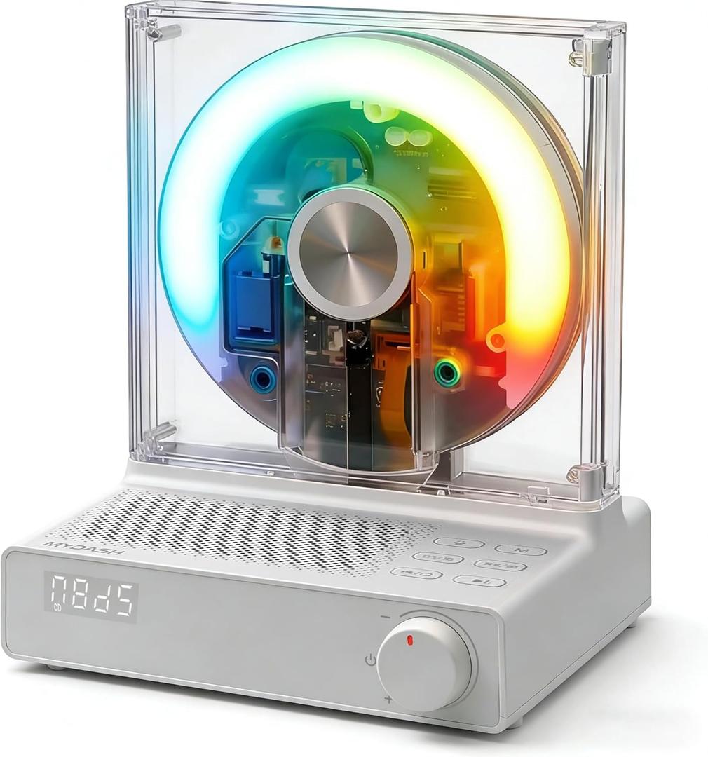 Mydash Desktop CD Player with Bluetooth 5.4 Transmitter & Receiver, FM Radio, Ambient Lighting, Sleep Timer, HiFi Speakers, Aesthetic Home Audio System for Kpop & Audiophiles, White