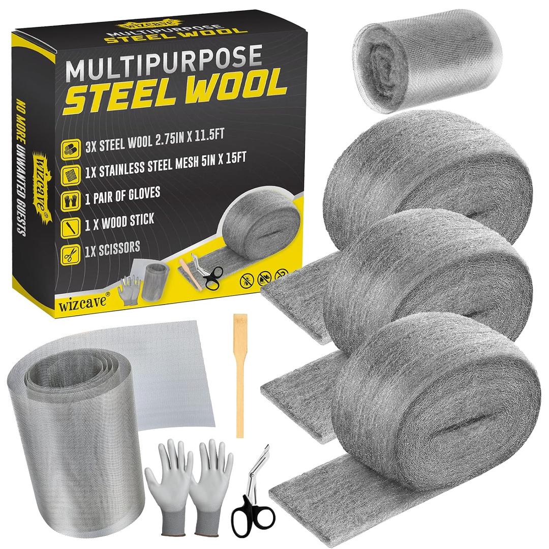 Steel Wool Mice Control - 3 Pack 2.75 in x 11.5 Ft Steel Wool & 1 Pack 5 in x 15 Ft Wire Mesh with Wooden Stick & Gloves & Scissors, Mouse Hole Filler for House Garden Polishing Chrome, Glass