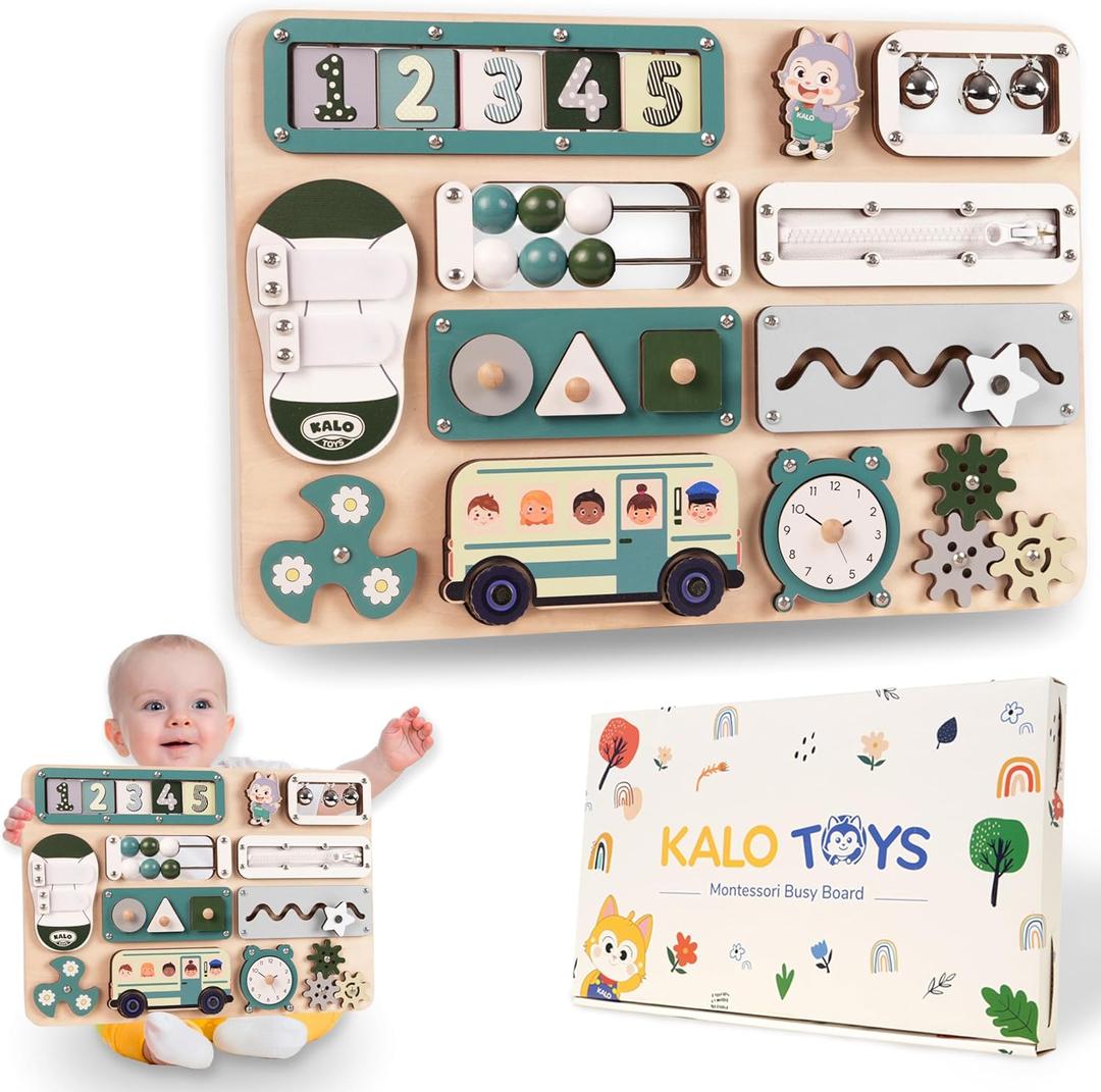 KALOTOYS Large Montessori Busy Board for Baby & Toddlers 1-3  17-Inch Wooden Sensory Activity Board  Fine Motor Skills & Early Learning Educational Toy for 1 2 3 Year Old, Travel Friendly & Safe (Large Size - Pastel Green)