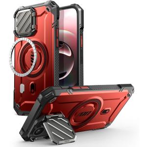 SUPCASE for iPhone 16e/15/14/13 Case with Camera Cover Stand (UBMag XT), [Compatible with MagSafe] [Built-in Kickstand] [Military-Grade Protection] Heavy Duty Magnetic Case for iPhone 16e 6.1", Ruddy