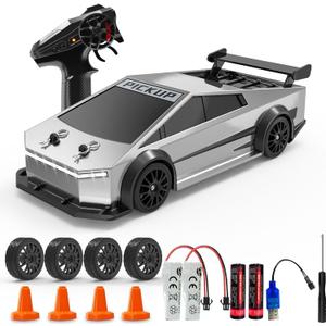 Remote Control Car RC Drift 2.4GHz 1:24 Scale 4WD 20KM/H High Speed with LED Lights Drifting Tire Racing Sport Toy for Adults Boys Girls Kids Gift 2Pcs Rechargeable Batteries (Silvery)
