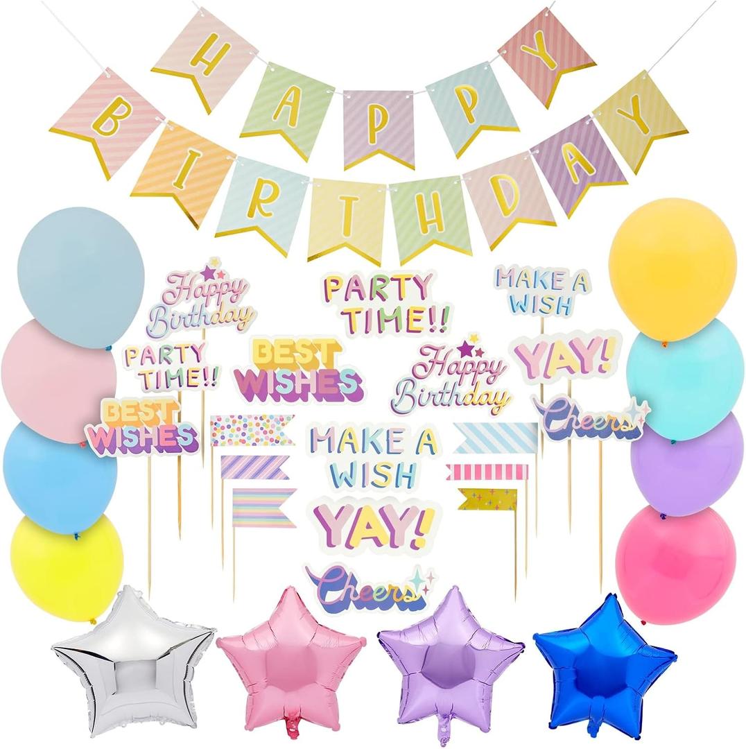 BLUE PANDA - 94 Piece Girls Rainbow Birthday Party Decorations Set with Balloons, Banner, Cake Toppers and Wall Cutouts - Happy Birthday Banner - Party Decoration