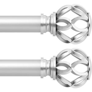 Silver Decorative Farmhouse Curtain Rods 2Pack:36-88"Adjustable Heavy Duty Single Window Curtain Rod for Bedroom Living Room, Silver Boho Rustic Drapery Rod with Vintage Twist Finial Easy Install