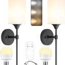 Battery Operated Wall Sconce Set of 2 with White Fabric Shade, 6000mAh Rechargeable Light Bulbs, and Color Changing Remote for Wireless Wall Light, Solid Steel (Black)