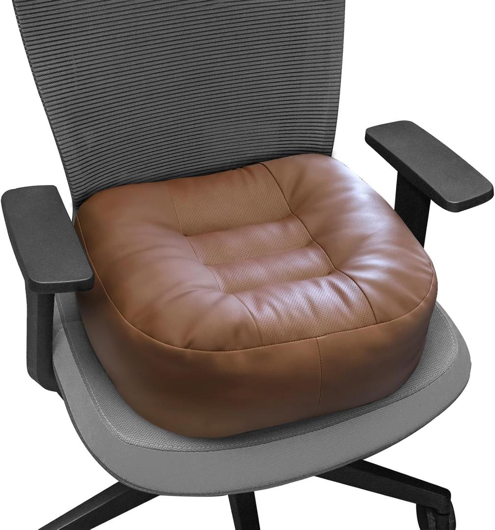 YOUFI Leather Seat Cushion Extra-Thick Booster for Office Chair to Rise Height - Full Filling for Support - with Breathable Cover, Handle and Buckle - Relieves Back Pain  18"x16"x6" (Brown)