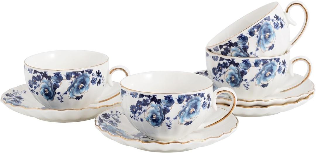 Agyiuns ceramic tea cup and saucer set of 4,floral teacup sets for Coffee, Latte, Cafe Mocha and Tea (Dark blue flowers)