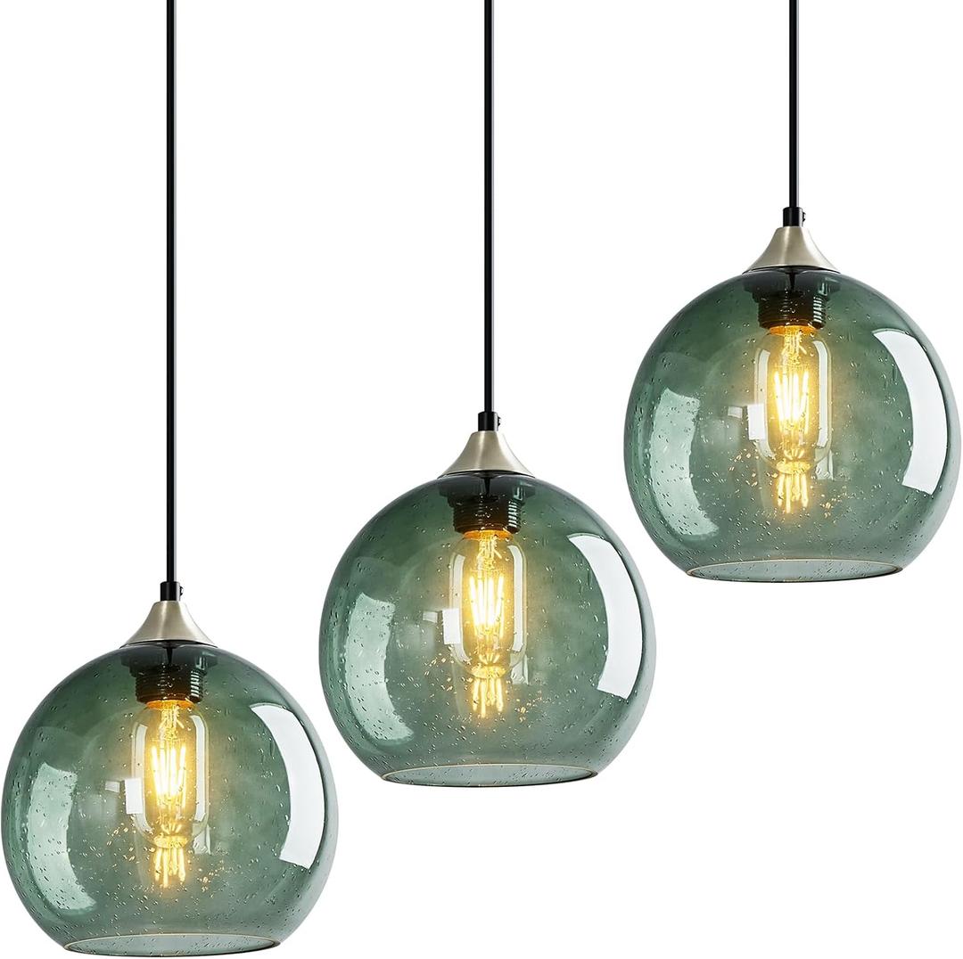 Gray Green Glass Pendant Lights Kitchen Island Lighting Globe Pendant Light Fixtures Modern Pendant Lighting for Kitchen Island Bedroom Living Dining Room Light Fixture(7.87in, 3-Pack)