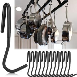 MorningRo 12 Pcs Pot Rack Hooks 5 Inch Black Metal S Hooks for Pots and Pans 90 Degree Twist Angled Hangers for Hanging Kitchen Utensils Towels, Plants