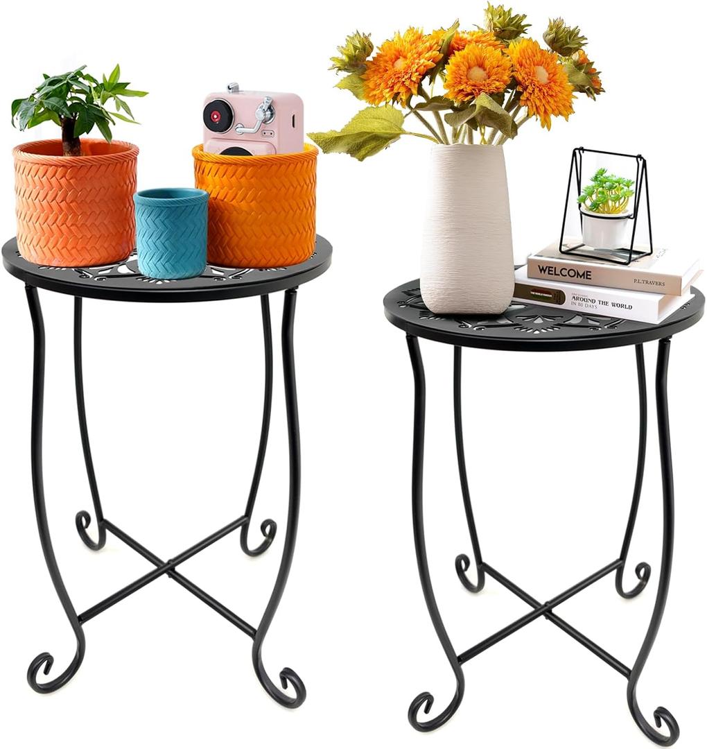 Fashion&cool Outdoor Side Tables, 2 Pack Patio Side Table, Weather Resistant Metal Small Round Outdoor End Table Side Table for Patio Yard Porch Balcony Garden Bedside, Plant Stand for Indoor Outdoor