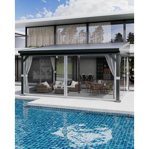 12'x16' Wall-Mounted Hardtop Gazebo with Aluminum Frame & Galvanized Steel Roof  Lean-to Patio Pergola with Gutters, Mosquito Netting & Privacy Curtains  Weatherproof for Backyard, Deck, or Carport