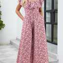 Gardenwed Women's Floral Wide Leg Jumpsuit, Ruffle Short Sleeve Square Neck Summer Casual Palazzo Romper with Pockets (S)