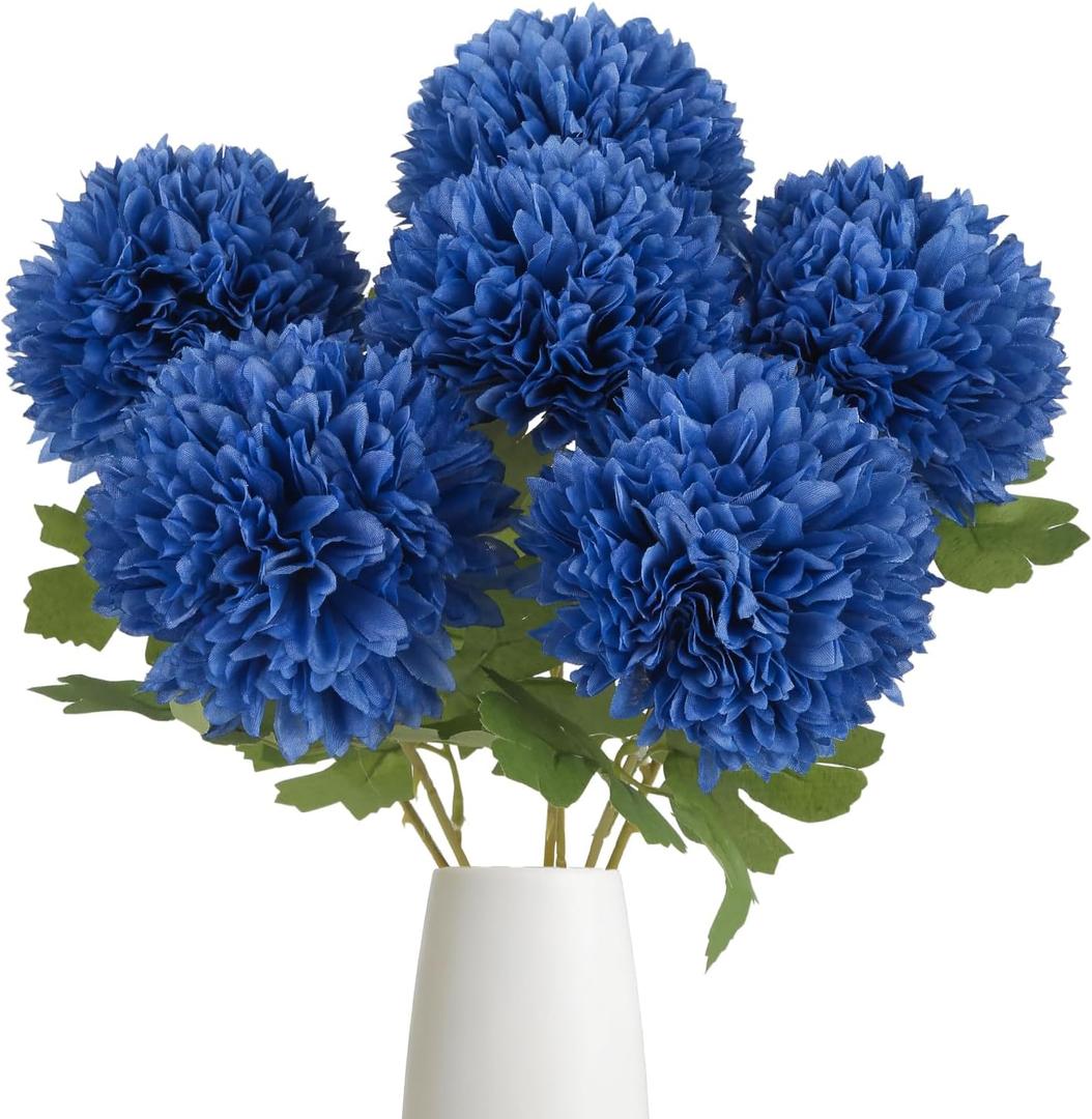 IPOPU 6PCS Navy Blue Artificial Chrysanthemums Flowers 21.6'' Large Faux Mums Bouquet Long Stem Fake Silk Flowers for Wedding Home Kitchen Party Garden Indoor Decoration(Navy Blue)