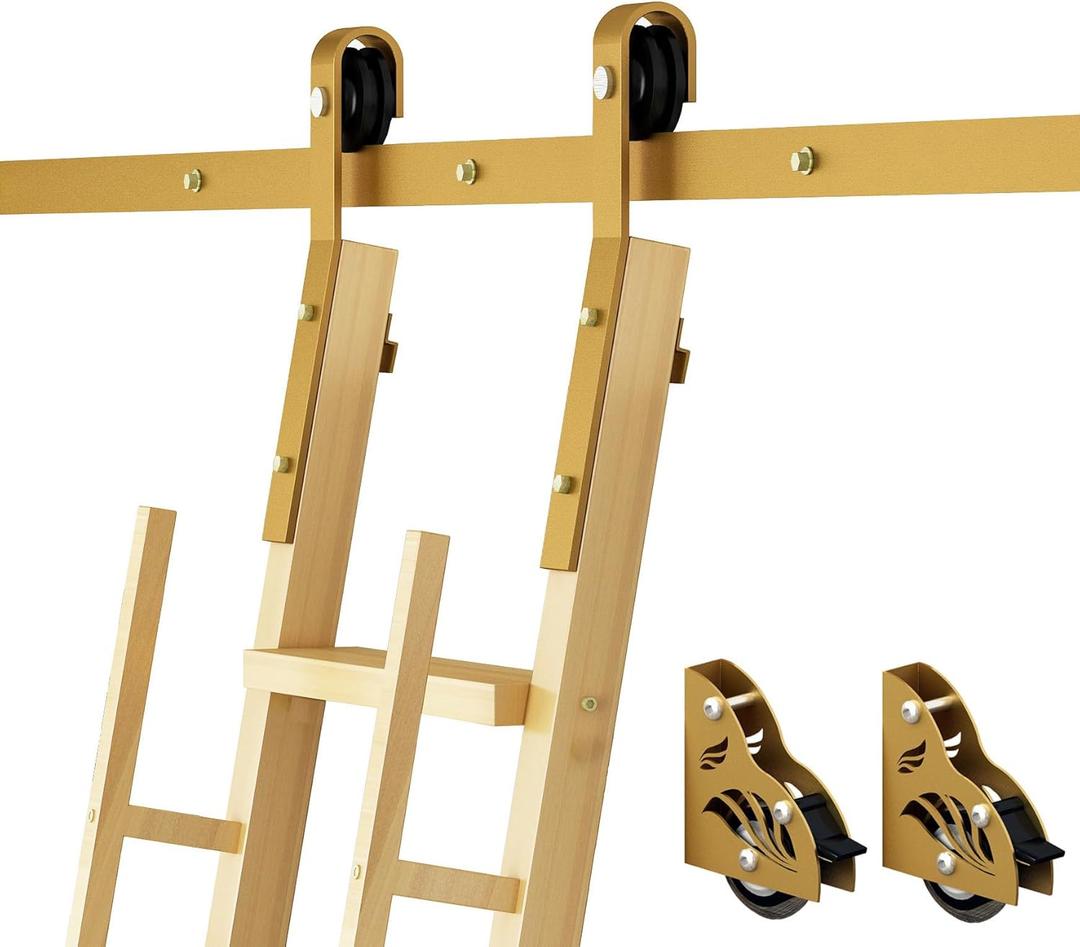 DIYHD 12FT Sliding Barn-Style Library Ladder Hardware Kit (No Ladder), Gold | Brake bottom wheels for safety, Storage hooks for detaching and hanging ladder, Safe Load capacity supports 330lbs