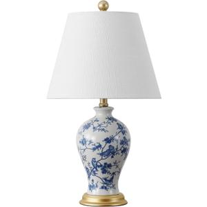 JONATHAN Y 24" Blue/White French Country Ceramic Floral Urn Table Lamp, White Linen Shade, Chinoiserie Ginger Jar Bedside Lamp for Living Room Bedroom, LED Bulb (JYL3009B)