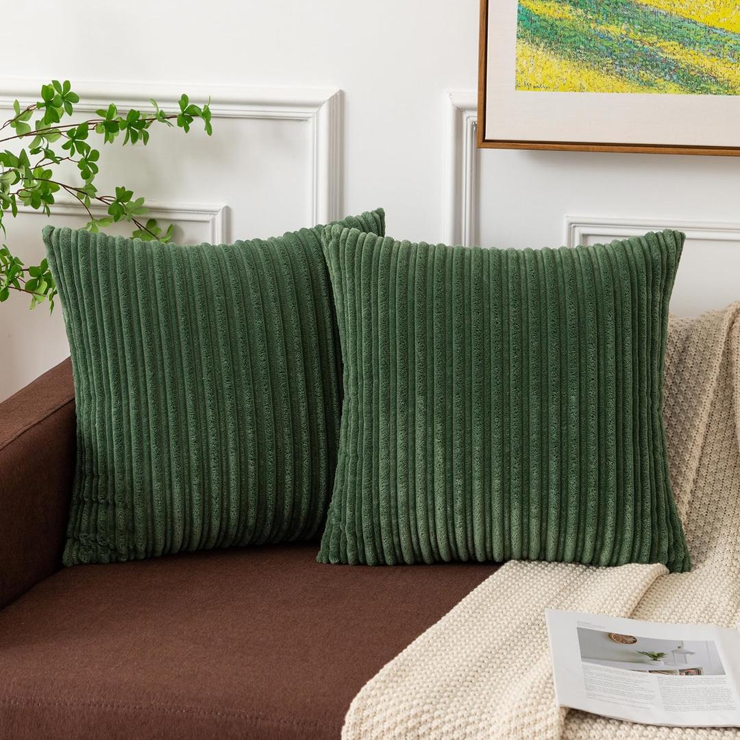 Kevin Textile Pack of 2 Corduroy Soft Soild Spring Decorative Square Throw Pillow Covers Set Cushion Cases Pillowcases for Sofa Bedroom Car 20 x 20 Inch 50 x 50 Cm Moss Green