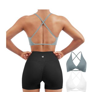 SUUKSESS Women 2 Piece Open Back Strappy Sports Bra Pack Twist V Neck Workout Crops, M